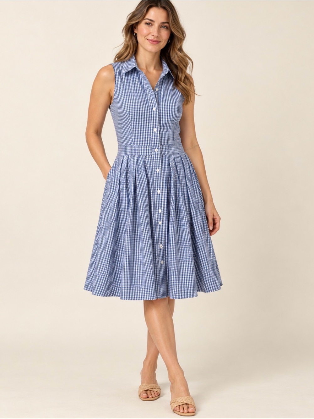 Michael Kors Blue Gingham Sleeveless Button-Front Midi Dress size 8
